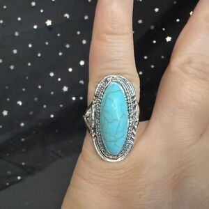 Turquoise Style Statement Ring Size 5.75, Oval Blue Stone Silver Tone